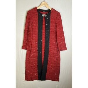 Misook Long Sweater Women's Size XS Red/Black Open Cardigan Jacket Glitter
